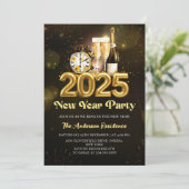 Silvester-Party 2025: Black Gold Champagne Einladung (Stehend Vorderseite)