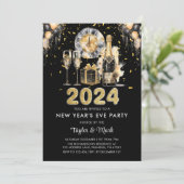 Silvester Party Balck Gold Glitzer Champagne Einladung (Stehend Vorderseite)