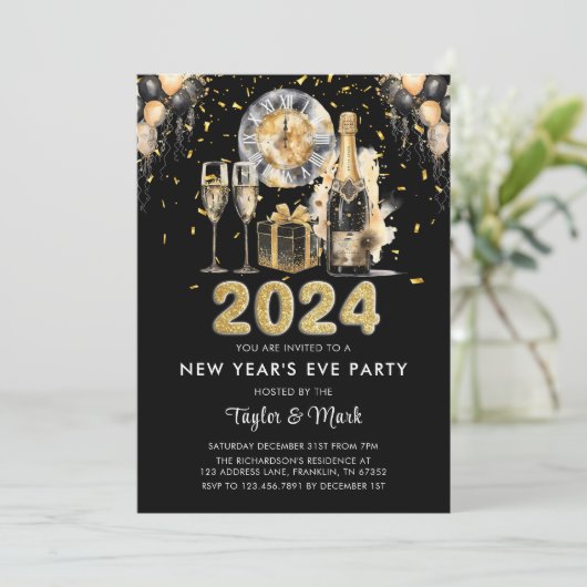 Silvester Party Balck Gold Glitzer Champagne Einladung (Stehend Vorderseite)