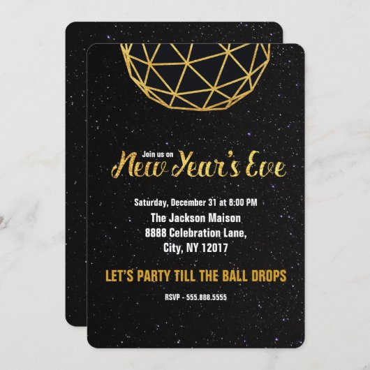 Silvester Party, Ball Drop, Imitate Gold, Einladung (Vorne/Hinten)