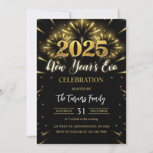 Silvester Party Black & Gold Glitzer Einladung (Vorderseite)