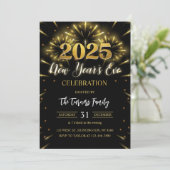 Silvester Party Black & Gold Glitzer Einladung (Stehend Vorderseite)