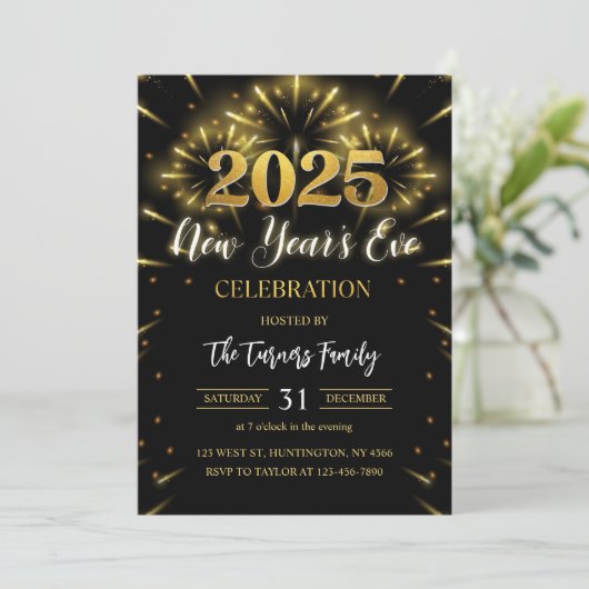 Silvester Party Black & Gold Glitzer Einladung (Stehend Vorderseite)