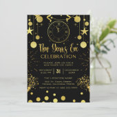Silvester Party Black & Gold Glitzer Einladung (Stehend Vorderseite)