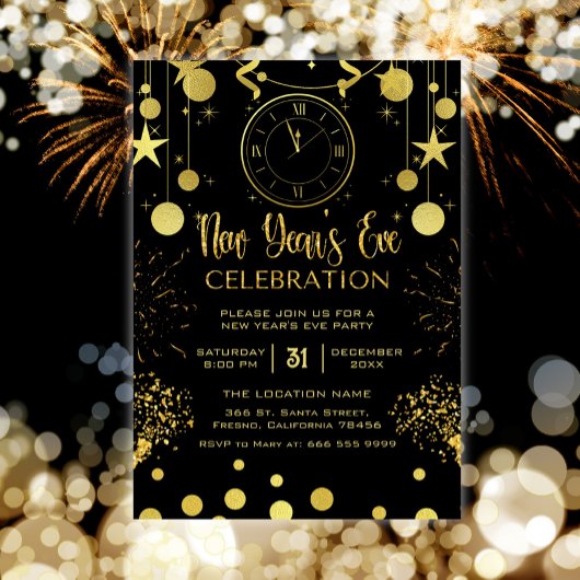 Silvester Party Black & Gold Glitzer Einladung