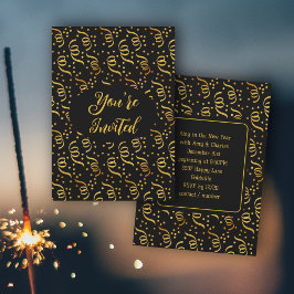 Silvester Party Black n Gold Confetti Einladung