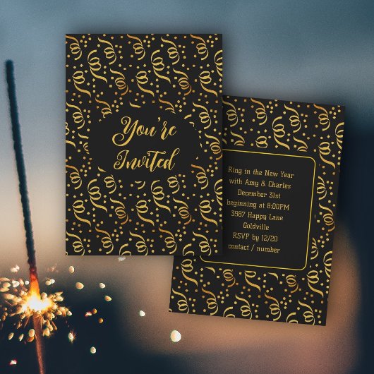 Silvester Party Black n Gold Confetti Einladung