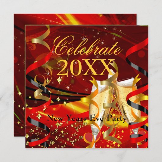 Silvester Party Celebration Champagne Red Gold Einladung (Vorne/Hinten)