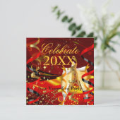 Silvester Party Celebration Champagne Red Gold Einladung (Stehend Vorderseite)