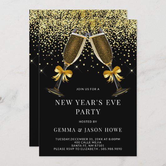 Silvester Party Champagner Brillen Gold Black Einladung (Vorne/Hinten)