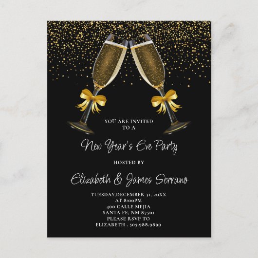 Silvester Party Champagner Brillen Gold Black Einladungspostkarte (Vorderseite)