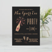 Silvester Party Champagner Flasche Gold Schwarz Einladung (Stehend Vorderseite)