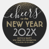 Silvester Party Cheers Black and Gold Confetti Runder Aufkleber (Vorderseite)