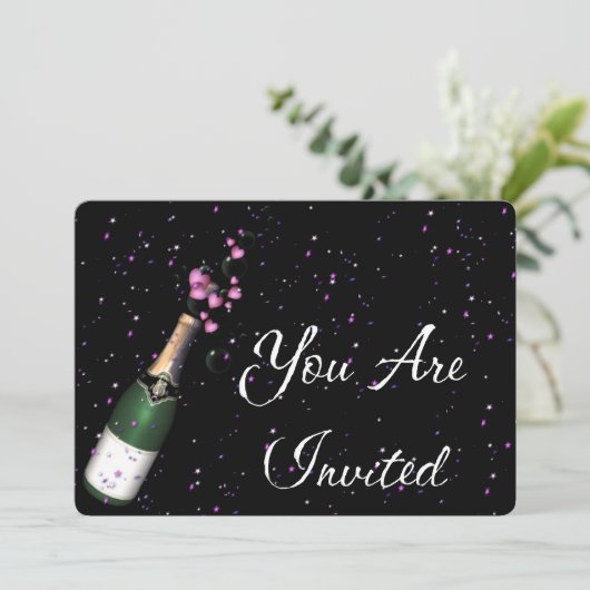 Silvester Party Einladung Champagnerflasche (Stehend Vorderseite)