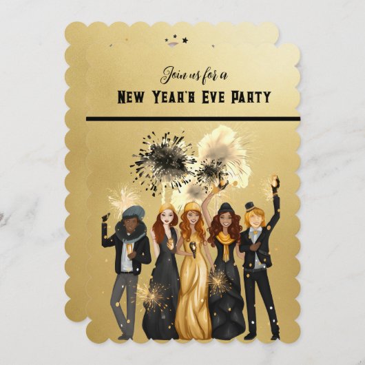 Silvester Party Einladung Schwarz und Gold (Vorne/Hinten)