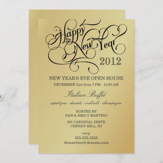 Silvester-Party Einladungen - Elegantes Gold (Vorne/Hinten)