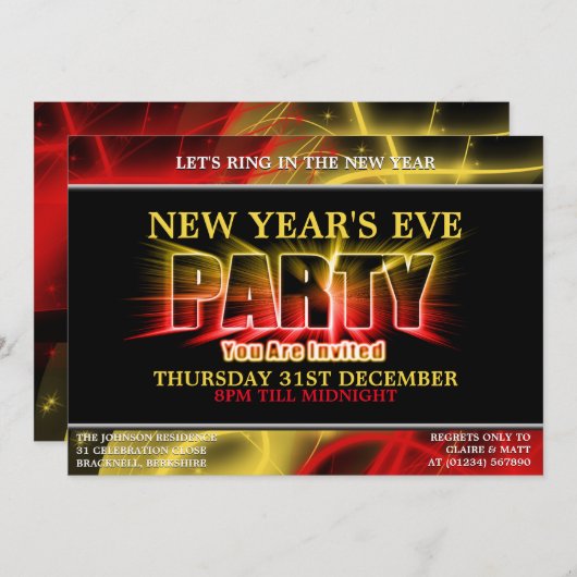 Silvester-Party Einladungen mit Lichtbruch (Vorne/Hinten)