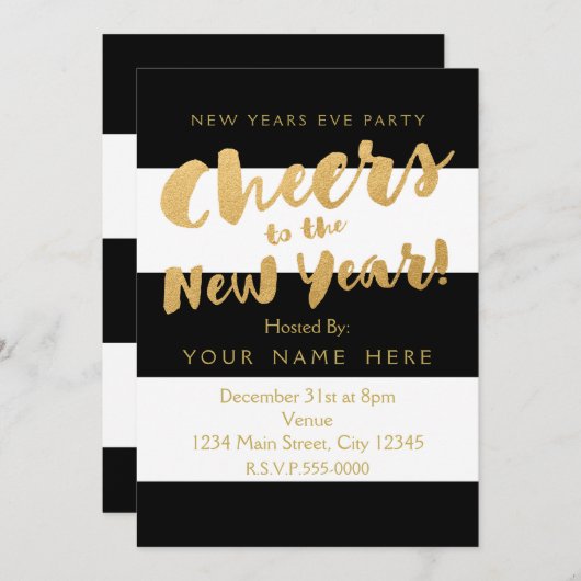 Silvester Party Einladungen Schwarz-weiß & Gold (Vorne/Hinten)