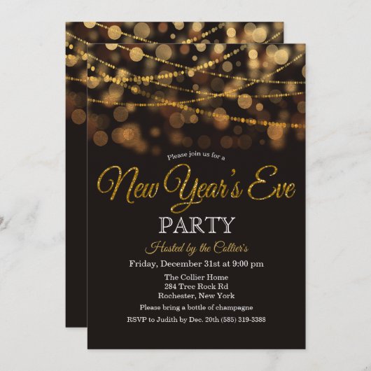 Silvester Party Glitzer Lights Einladung (Vorne/Hinten)