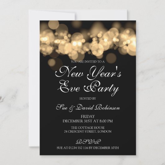 Silvester Party Gold Bokeh Lights Einladung (Vorderseite)