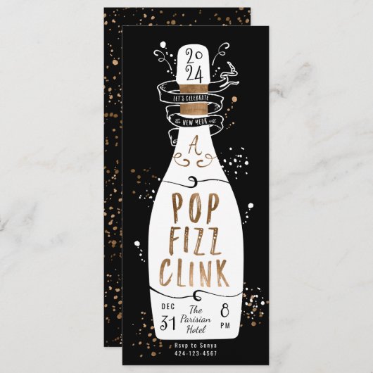 Silvester Party Gold Champagner Pop Fizz Clink Einladung (Vorne/Hinten)