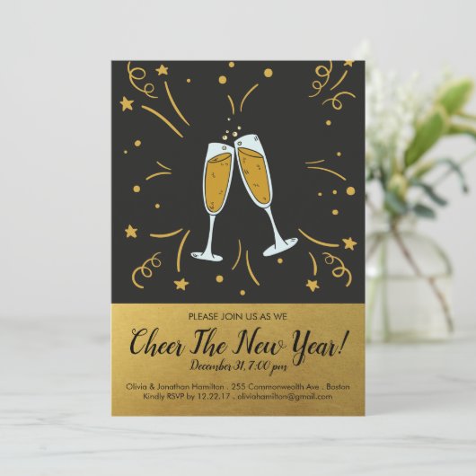 Silvester Party Gold Cheer Champagner Toast Einladung (Stehend Vorderseite)