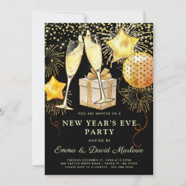 Silvester Party Gold Glitzer auf Schwarz Einladung