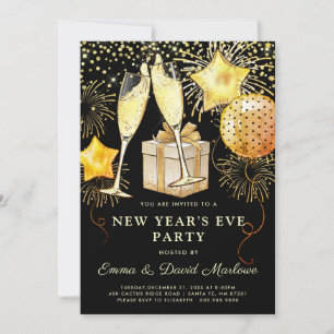 Silvester Party Gold Glitzer auf Schwarz Einladung