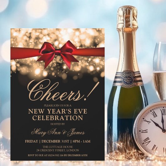 Silvester Party Gold Sparkeln Lichter Red Bow Einladung