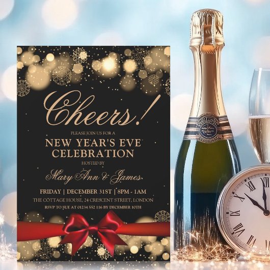 Silvester Party Gold Winter Wonder Red Bow Einladung
