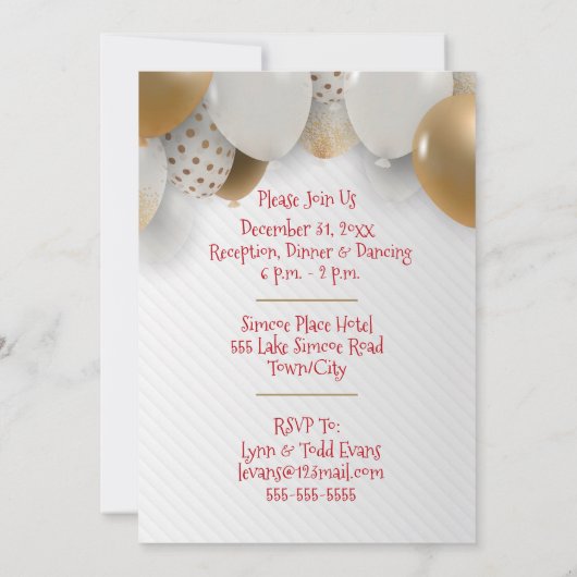 Silvester Party - Goldene und weiße Balkone - Rot Einladung (Rückseite)