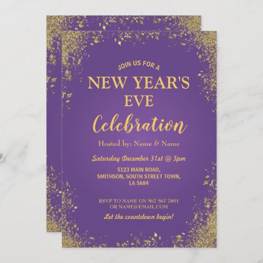 Silvester Party Lila Gold Einladung (Vorne/Hinten)