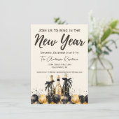 Silvester-Party mit Black and Gold Champagne Einladung (Stehend Vorderseite)