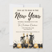 Silvester-Party mit Black and Gold Champagne Einladung (Vorderseite)