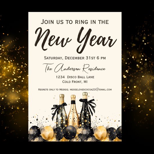 Silvester-Party mit Black and Gold Champagne Einladung