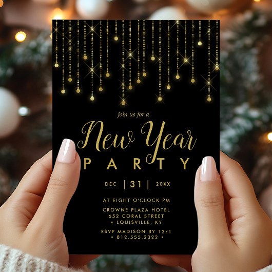 Silvester-Party mit Schwarz-String-Lights Einladung