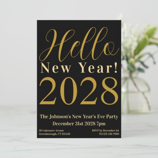 Silvester Party Schwarzes Gold Einladung (Stehend Vorderseite)