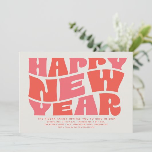 Silvester Party Spaß trendig Retro rosa Rot Einladung (Stehend Vorderseite)