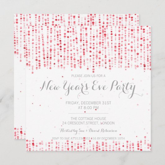 Silvester Party Star Confetti Rot Einladung (Vorne/Hinten)
