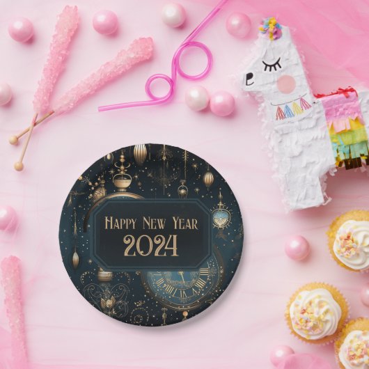 Silvester-Party-Teller - Blaue Uhr Pappteller (Party)