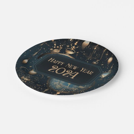 Silvester-Party-Teller - Blaue Uhr Pappteller (Schrägansicht)