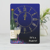 Silvester Party Uhr und Champagner Einladung (Stehend Vorderseite)