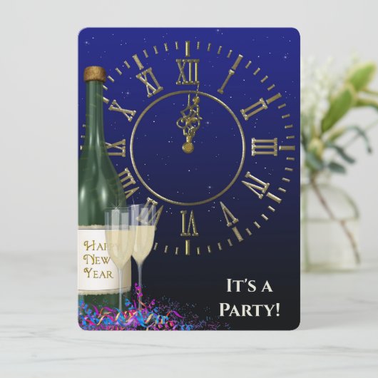 Silvester Party Uhr und Champagner Einladung (Stehend Vorderseite)