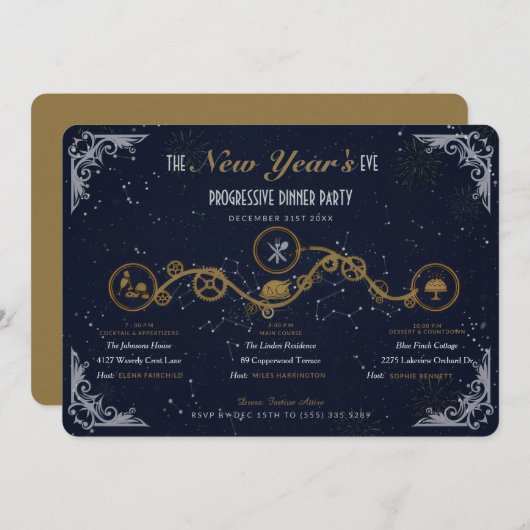 Silvester Progressive Dinnerparty Einladung (Vorne/Hinten)