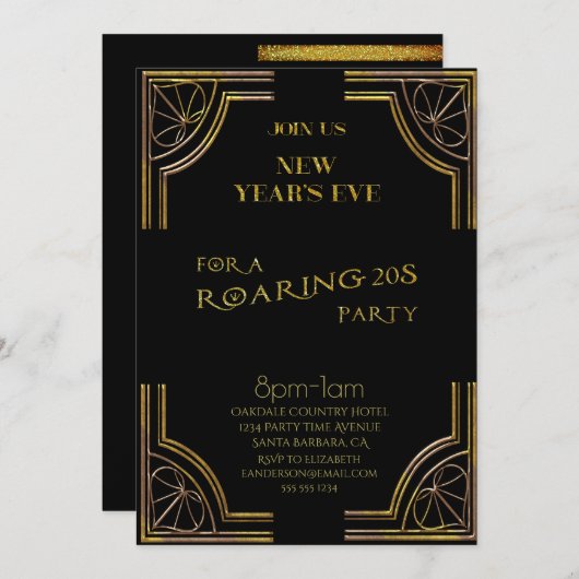 Silvester Roaring 20er Black Gold Glitzer Einladung (Vorne/Hinten)
