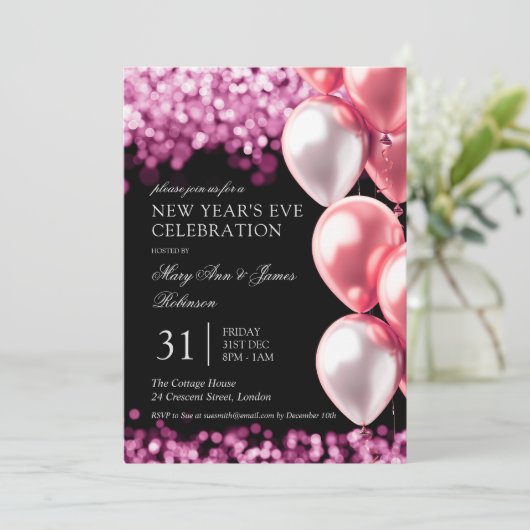 Silvester Rose Gold Shimmer Lights Balloons Einladung (Stehend Vorderseite)