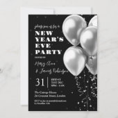 Silvester Silver Confetti Balloons Black Einladung (Vorderseite)