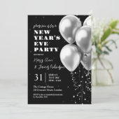 Silvester Silver Confetti Balloons Black Einladung (Stehend Vorderseite)