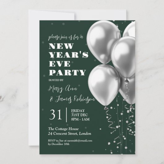 Silvester Silver Confetti Balloons Emerald Einladung (Vorderseite)