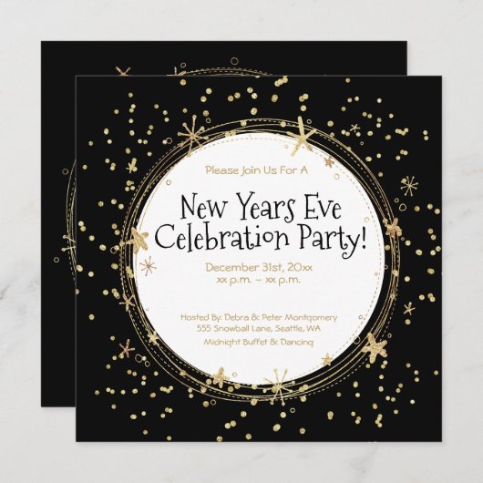 Silvester, Sterne, Schwarzes Gold, Party Einladung (Vorne/Hinten)